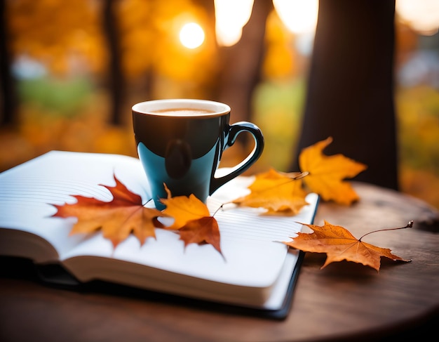 café et carnet avec des feuilles d'automne espace de copie