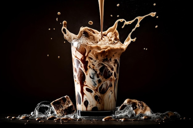 Café CED avec du lait et de la glace sur un fond gris