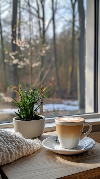 Un café chaleureux le matin avec une vue sur la forêt tranquille