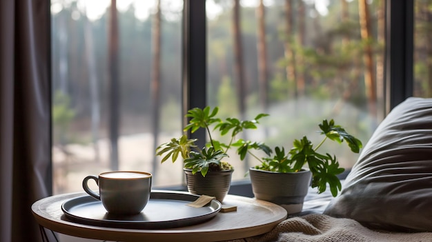 Un café chaleureux le matin avec une vue sur la forêt tranquille