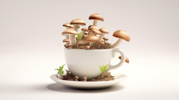 Café à champignons à la mode en porcelaine blanche tasse vintage sur fond blanc