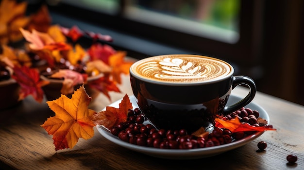 Café chaud d'automne et d'automne avec fausse feuille d'érable sur table en bois