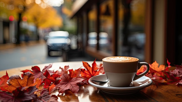 Café chaud d'automne et d'automne avec fausse feuille d'érable sur table en bois