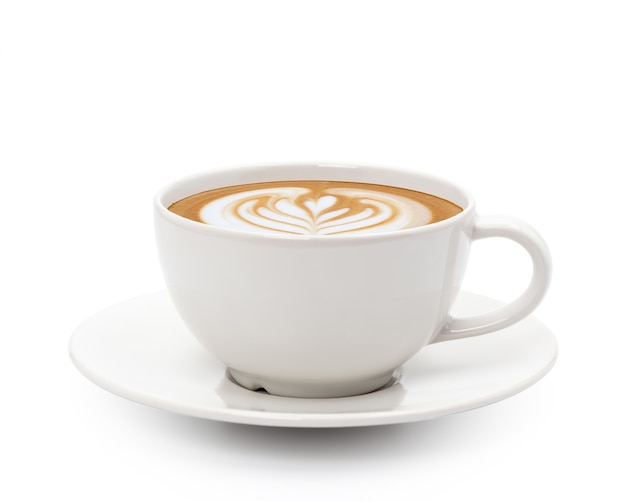 Photo café chaud cappuccino latte art isolé sur fond blanc.