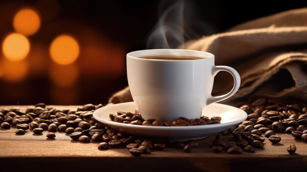 Café chaud dans une tasse de café blanche grains de café et un sac de café placé autour d'une table en bois dans un chaud