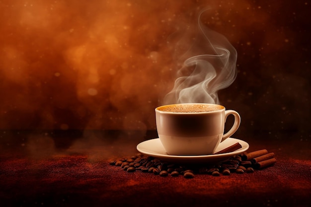 Café chaud dans une tasse cuite à la vapeur Grains de café dispersés à la cannelle