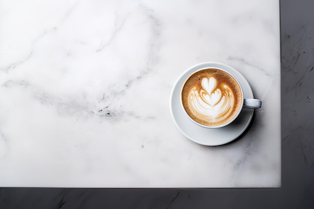 Café chaud dans une tasse sur marbre blanc Vue de dessus Espace de copie