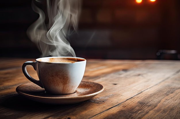 Café chaud dans une tasse sur une table en bois rustique et un fond clair à l'arrière