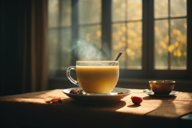 café chaud dans une tasse en verre avec une tasse et un foulard tricoté blanc sur une table en bois