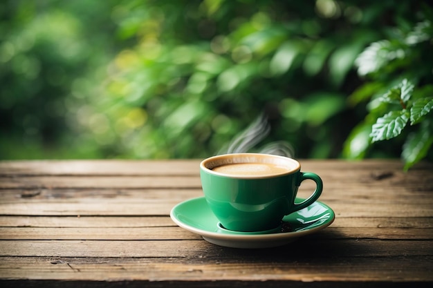 Café chaud dans la tasse sur une vieille table en bois avec un fond vert foncé de la nature style vintage