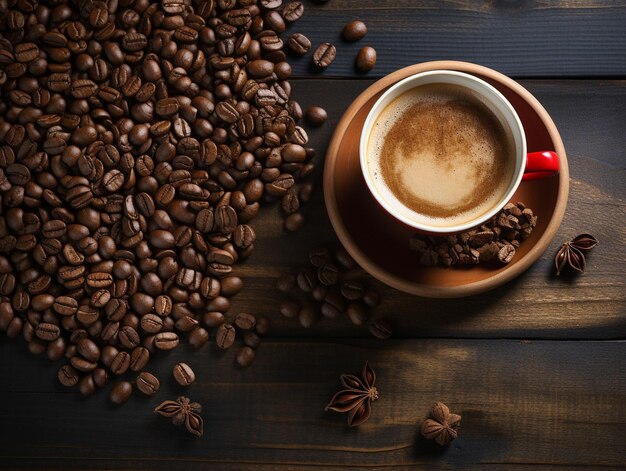 Café chaud délicieux avec fond en bois