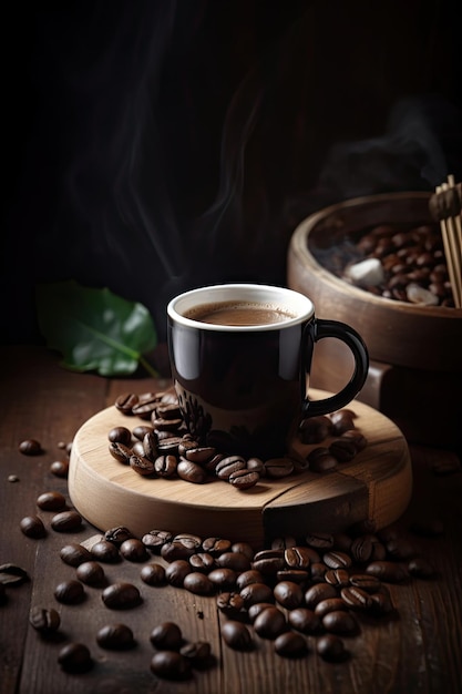 Café chaud avec des grains de café sur une table en bois