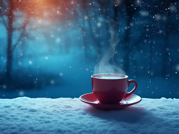 Café chaud avec de la neige qui tombe dessus en hiver