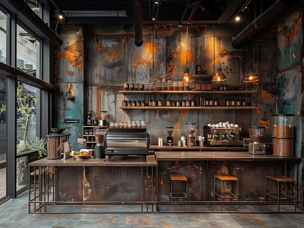 Un café chic industriel avec des accents métalliques et des sièges communs.