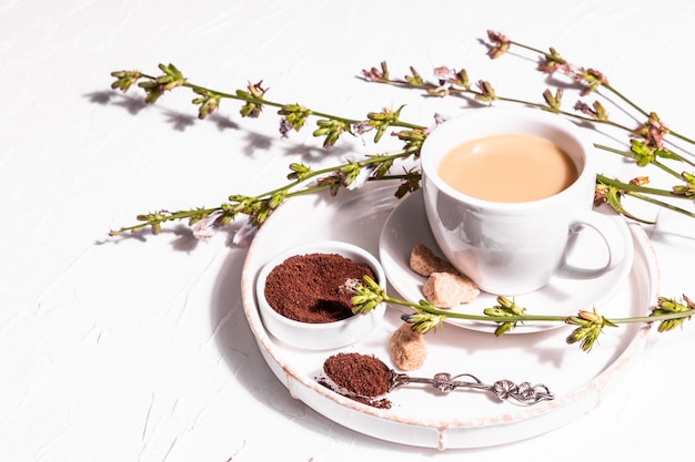 Café de chicorée avec des fleurs fraîches et de la poudre. Boisson naturelle sans caféine dans une tasse blanche. Remplacement alternatif pour le café, la caféine. Fond de plâtre blanc, espace de copie