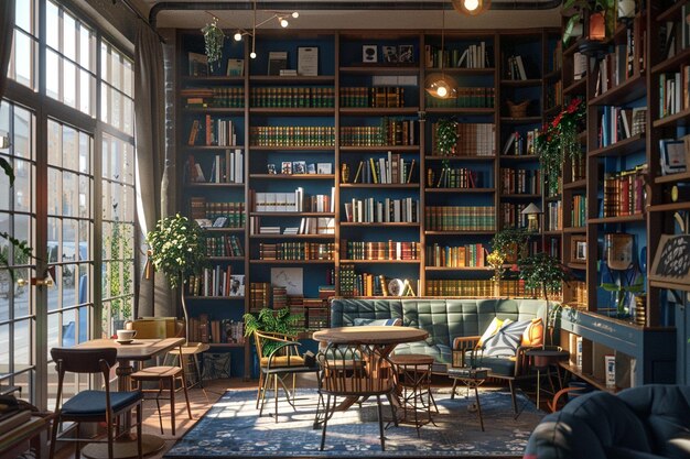 Un café confortable avec des murs bordés de livres