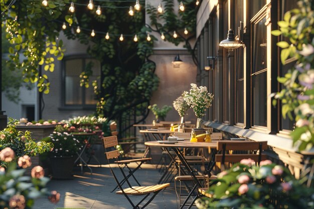 Un café confortable avec des sièges en plein air