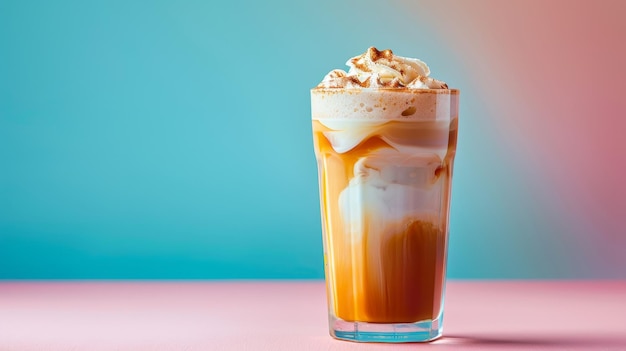 café avec de la crème fouettée et du sirop de caramel dans un verre sur fond pastel coloré espace de copie