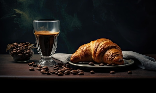 Café avec croissant et grains de café sur fond noir