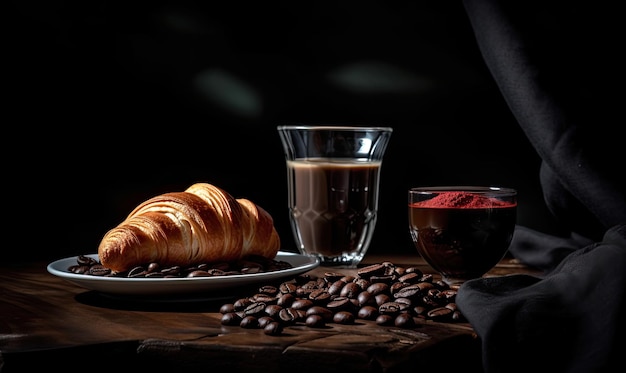 Café avec croissant et grains de café sur fond noir
