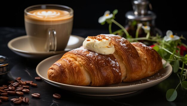 Photo café et croissants sur un fond noir focus sélectif