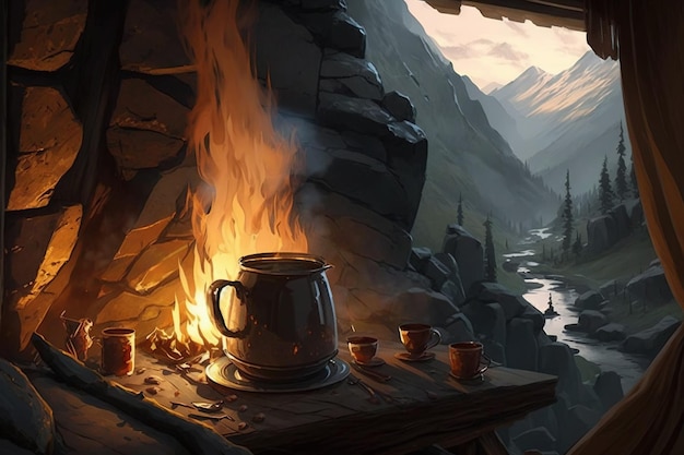 Photo le café dans la nature, les grandes montagnes, le feu et le café.