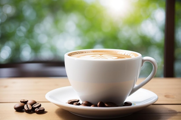 Café dans une tasse blanche sur une table en bois avec fond d'éclairage naturel