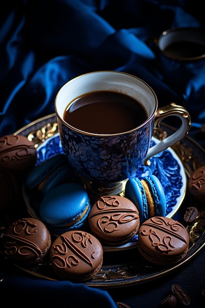 Café dans une tasse bleue avec des biscuits d'avoine