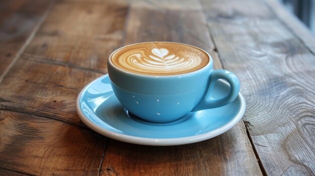 café dans une tasse bleue pour bébé sur une assiette située sur une surface en bois