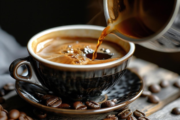 Café dans une tasse sur un fond en bois Focus sélectif