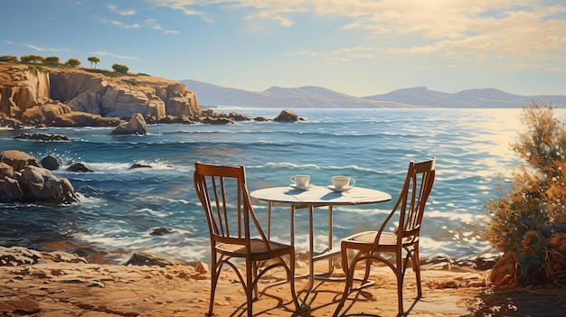 café du matin au bord de la mer eau bleue et ciel mouette et femme paysage marin paysage impressionnisme art