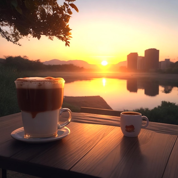 Photo café du matin au lever du soleil