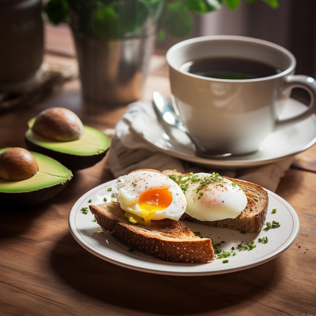 Café du matin confortable et petit-déjeuner sain avec toasts à l'avocat et aux œufs durs