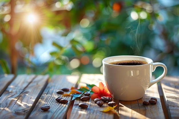 Café du matin dans une tasse blanche entouré de haricots et de feuilles d'automne sur une table en bois avec une lueur de soleil