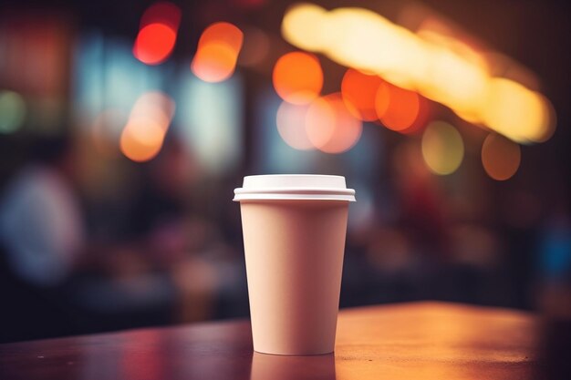 Café du matin dans une tasse en papier Fond Bokeh Ai générative