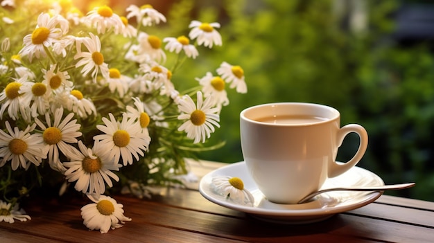 Photo café du matin avec des fleurs et une tasse de café blanc