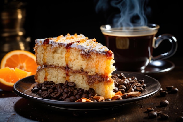 Café du matin avec gâteau frais dans une ambiance chaleureuse générative IA