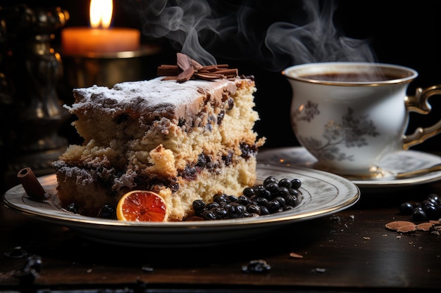 Café du matin avec gâteau frais dans une ambiance chaleureuse générative IA