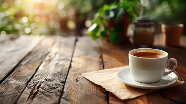 Café du matin sur une table de bois rustique