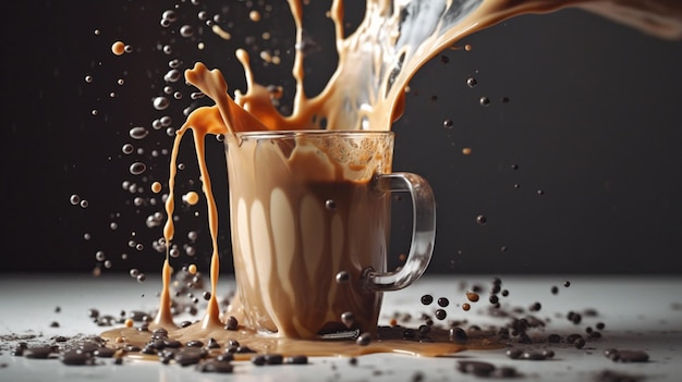 Café éclaboussant de tasse avec du lait sur fond gris