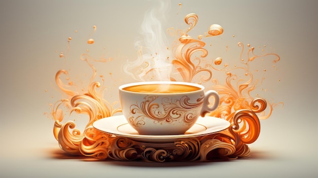 Photo café enchantement aromatique et onirique, une tasse à café surréaliste avec des illustrations de vapeur tourbillonnante