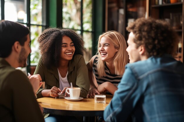 Le café est un délice qui accueille la diversité et le rire. Des amis multiraciaux s'unissent dans une société dynamique.