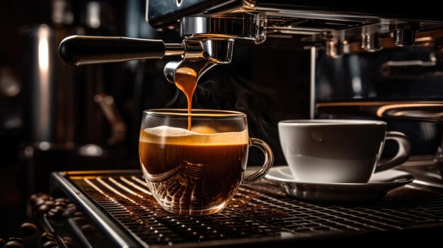 Le café est versé de la machine à café dans une tasse en verre Créé avec la technologie Generative AI