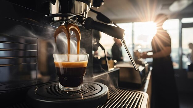 Photo le café est versé de la machine à café.