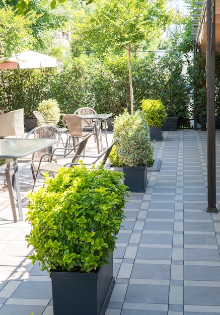 Café d'été en plein air avec parterres de fleurs