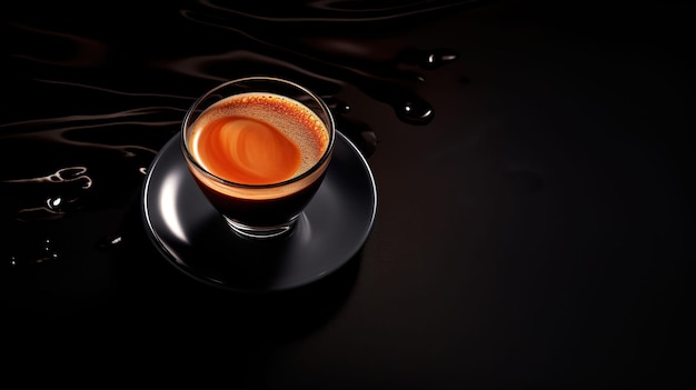 café expresso parfait dans une tasse en verre sur la photographie de fond noir