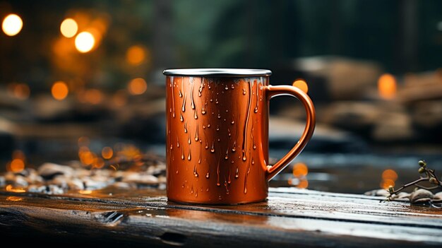 Café fraîchement préparé dans une tasse métallique prêt pour une gorgée