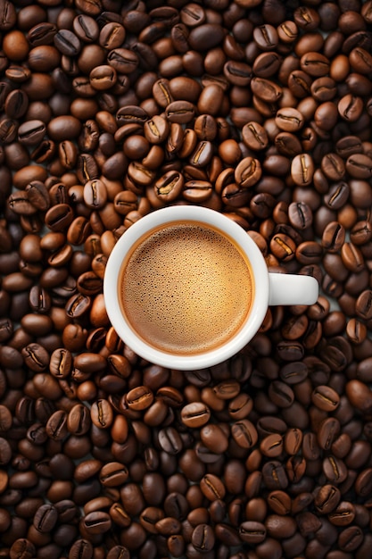 Un café fraîchement préparé dans une tasse noire entourée de grains de café