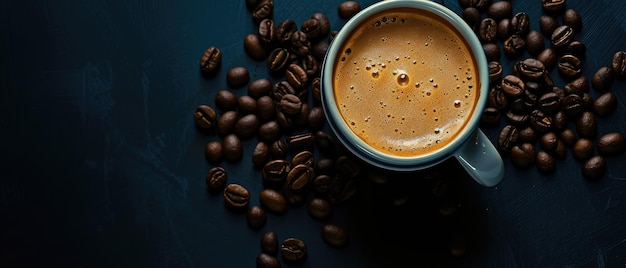 Café frais dans une tasse avec des grains de café