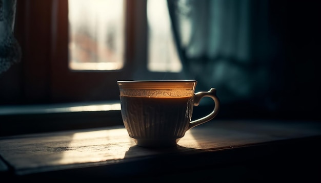 Café frais sur le rebord de la fenêtre rustique, chaleur réconfortante générée par l'IA